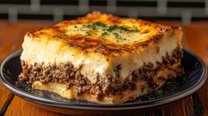 This dish showcases a hearty portion of classic Greek moussaka, rich in flavor and history
