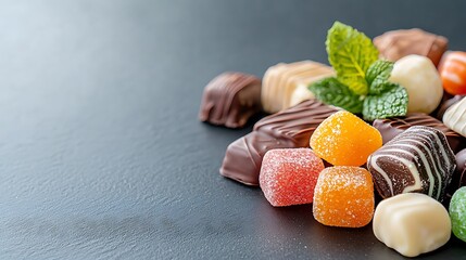 The dark backdrop creates a striking contrast that showcases a variety of colorful candies and decadent chocolates, enticing viewers with their irresistible sweetness and indulgent flavors.