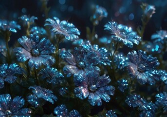 Obraz premium pearlescent flowers blue in the dark background wallpaper
