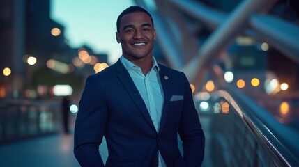 Professional portrait of a confident male politician in urban setting for business promotion