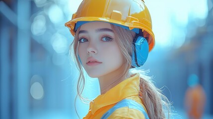 A young woman in a hard hat and safety gear, focused and ready for her construction job in a vibrant work environment.