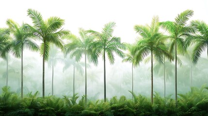 Obraz premium The lush jungle landscape is teeming with tall, slender palm trees swaying gently in the breeze, their emerald fronds rustling and casting dappled shadows on the forest floor below.