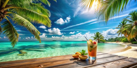 Obraz premium Refreshing Iced Drink on a Tropical Beach with Crystal Clear Water, White Sand, Palm Trees, and a Bright Blue Sky, Perfect for Summer Vibes and Relaxation in Paradise