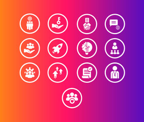 Professional Team Dynamics Icon Set – Representing Collaboration, Leadership, and Organizational Values. Vector Icons. White Icons for Gradient Backgrounds.