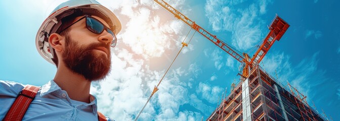 Confident bearded man in hard hat at construction site under a blue sky