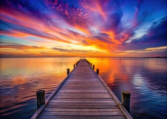 Obraz premium Serene Sunset Silhouette of a Wide Wooden Dock for Travel Inspiration and Quotes