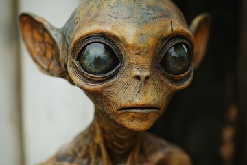 alien like creature with large round eyes, green, yellow, space, universe extraterrestrial fantasy