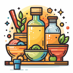 Bowls and bowls of different kinds of oil. Vector illustration