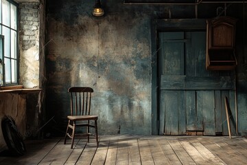 Rustic interior with wooden chair and exposed brick wall.
