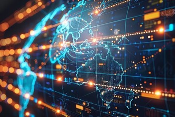 Naklejka premium A Digital Representation of the World With Interconnected Data Points and Glowing Lines Illustrating Global Communication and Technology