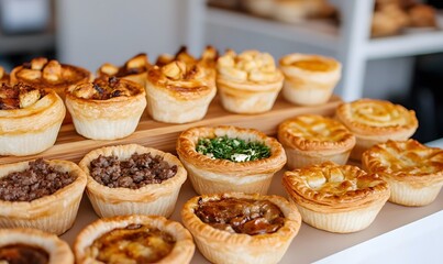 Table full of different types of meat pie cups, Generative AI