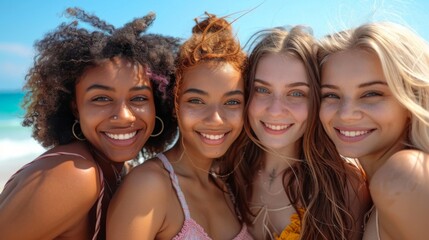 Friendship Day, a worldwide celebration of human connection. diverse young women, are smiling while standing close together on the beach under clear blue skies.