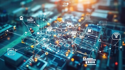 Abstract Technology Network with White Icons and Connected Lines