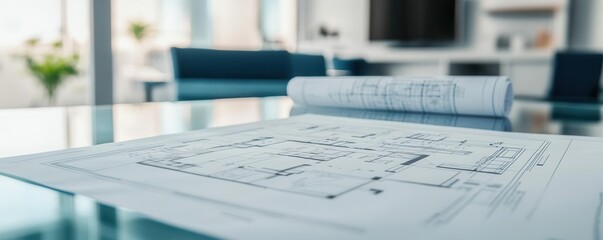 Strategic planning session with corporate blueprints on a polished glass conference table