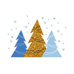 Christmas trees, elegant minimalist style, festive vector design template blue and gold