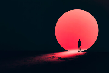 A man stands in front of a large red circle. The man is silhouetted against the red circle, creating a sense of depth and mystery. The red circle seems to be glowing