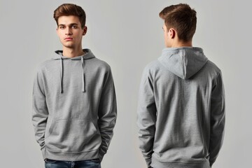 Young Man Wearing a Gray Hoodie Poses Against a Neutral Background Showcasing Front and Back Views in a Casual Attire Setting