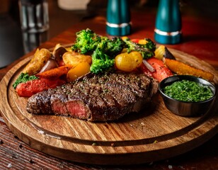 Grilled Picanha Steak with Rich Chimichurri Sauce, Served with Roasted Vegetables on Rustic Wooden Platter, Captured in a Bold and Vibrant Restaurant Ambiance