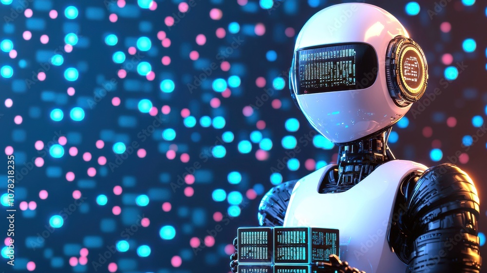Aufkleber a futuristic robot with a sleek design stands against a colorful, illuminated backdrop, holding data