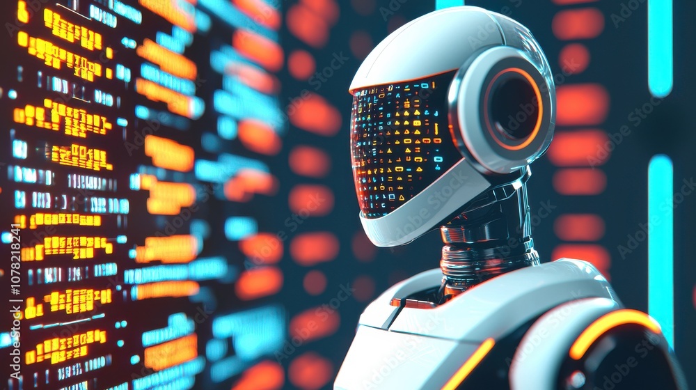 Poster a futuristic robot with a glowing interface stands against a colorful digital background, embodying 