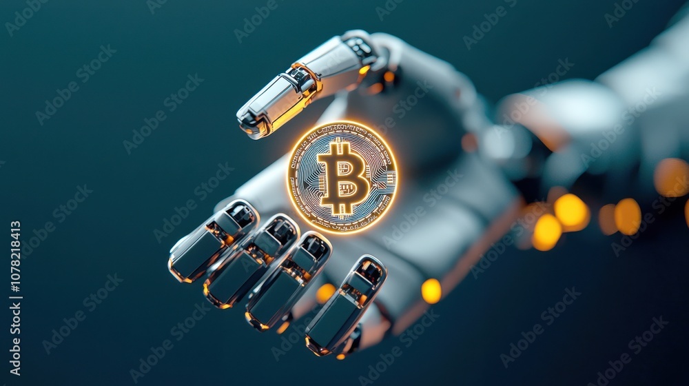 Poster a robotic hand holds a bitcoin, symbolizing the intersection of technology and cryptocurrency in the