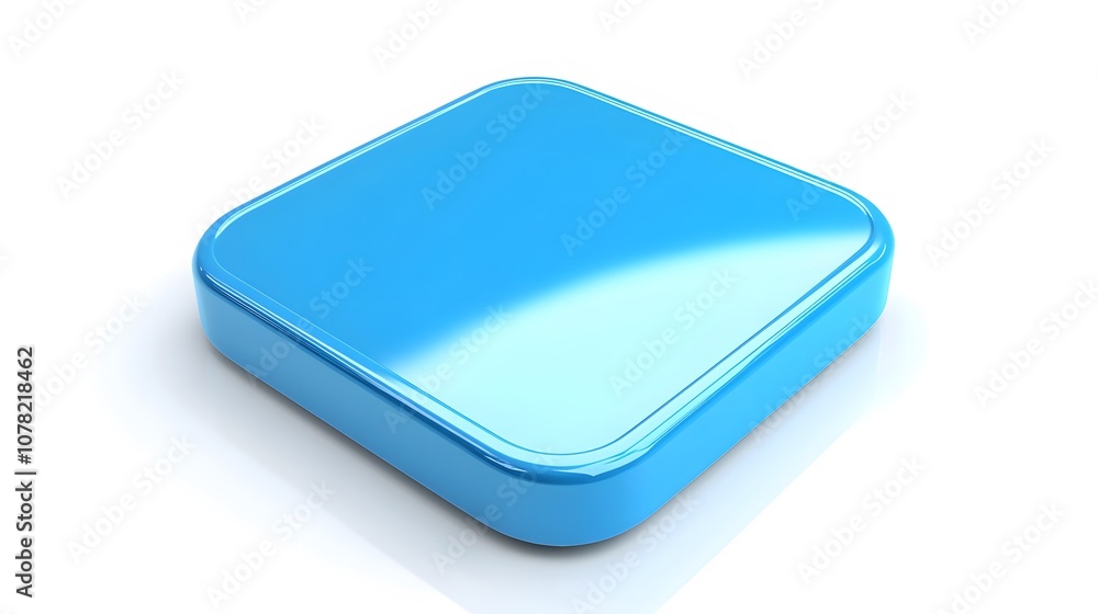 Poster blank mobile application icon, button - blue square with round corners. 3d rendering, white backgrou