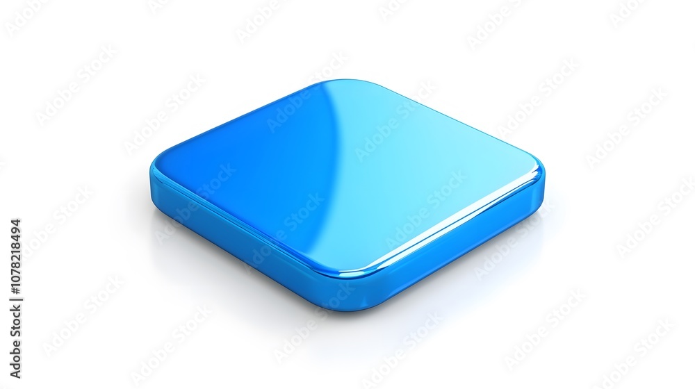 Poster blank mobile application icon, button - blue square with round corners. 3d rendering, white backgrou