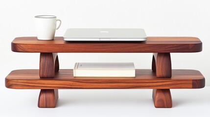 Wooden Two-Tiered Stand with Laptop, Book, and Cup