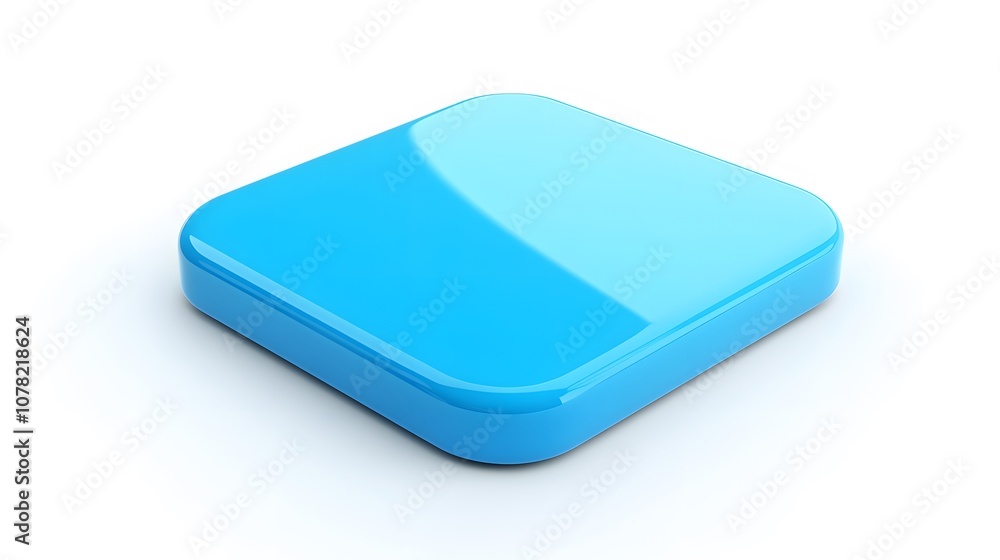 Poster blank mobile application icon, button - blue square with round corners. 3d rendering, white backgrou
