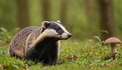 Fototapeta premium A badger sits in the forest, looking at a mushroom