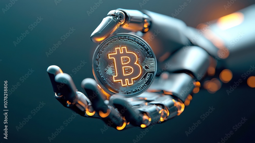 Poster a robotic hand holds a glowing bitcoin, symbolizing the intersection of technology and cryptocurrenc