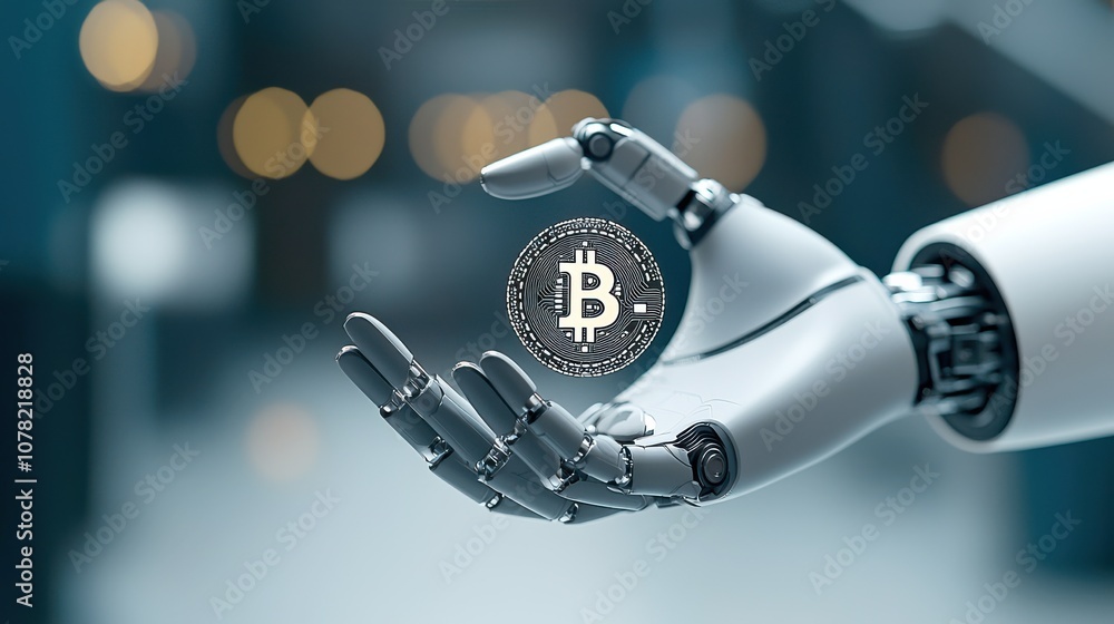 Poster a robotic hand holds a digital bitcoin, symbolizing the intersection of technology and cryptocurrenc