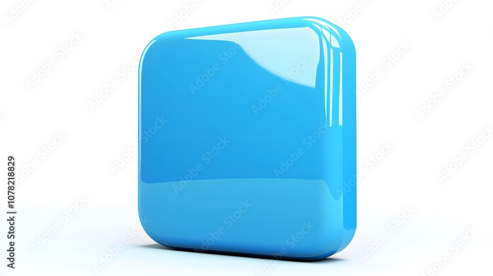 Poster blank mobile application icon, button - blue square with round corners. 3d rendering, white backgrou