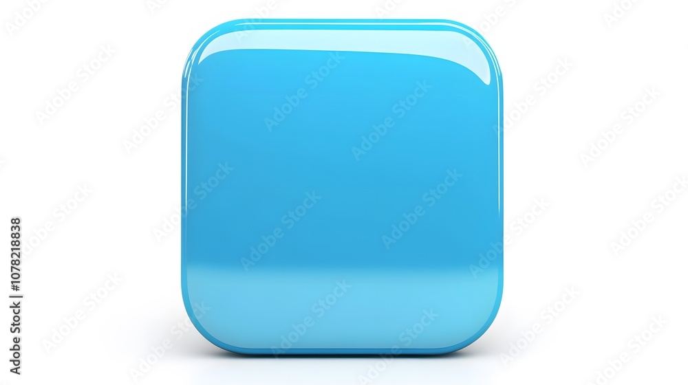 Poster blank mobile application icon, button - blue square with round corners. 3d rendering, white backgrou