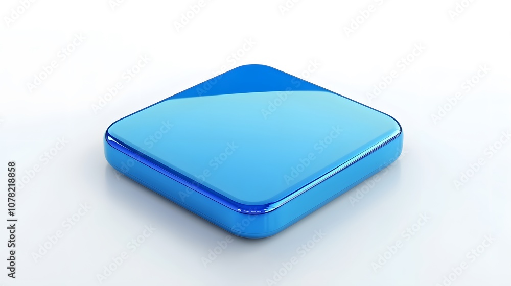 Poster blank mobile application icon, button - blue square with round corners. 3d rendering, white backgrou