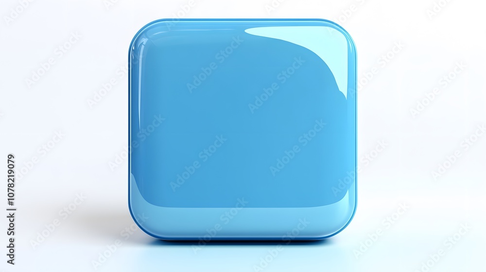 Poster blank mobile application icon, button - blue square with round corners. 3d rendering, white backgrou