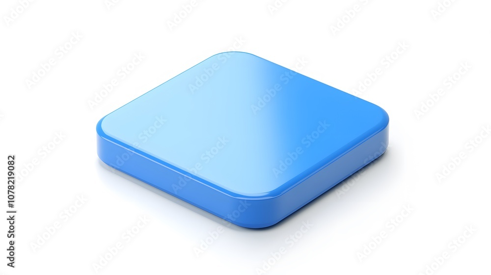 Poster blank mobile application icon, button - blue square with round corners. 3d rendering, white backgrou