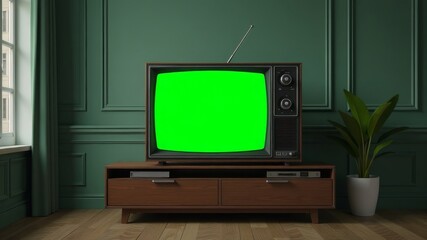 old retro tv with green screen stands in the room of the house