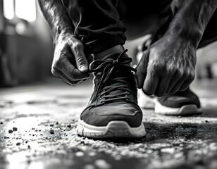 Close-Up of a Man's Hand Tying Laces on Worn Sneakers Before Workout on Gym Floor with Chalk Dust and Sweat - Powered by Adobe