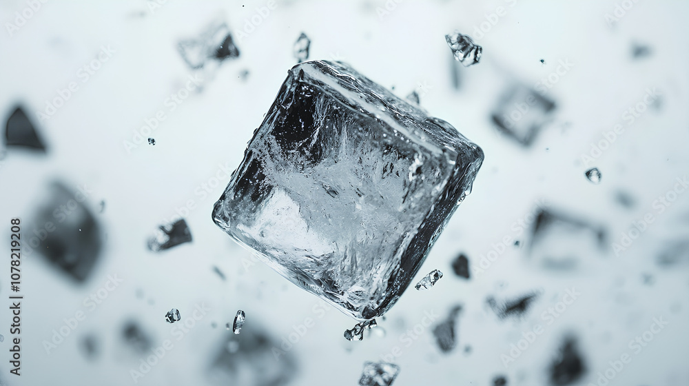 Poster full depth of field on a falling ice cube, isolated on a white background