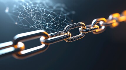 Obraz premium A close-up of a metallic chain link, interconnected with digital elements, symbolizing technology, connectivity, and blockchain innovation.