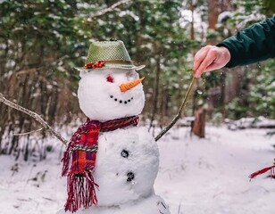 Fototapeta premium Person decorating snowman with tree branch in snowy forest