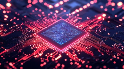 A futuristic microchip with vibrant red and blue circuitry, symbolizing advanced technology and digital connections.