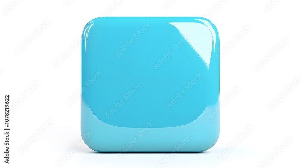 Poster blank mobile application icon, button - blue square with round corners. 3d rendering, white backgrou
