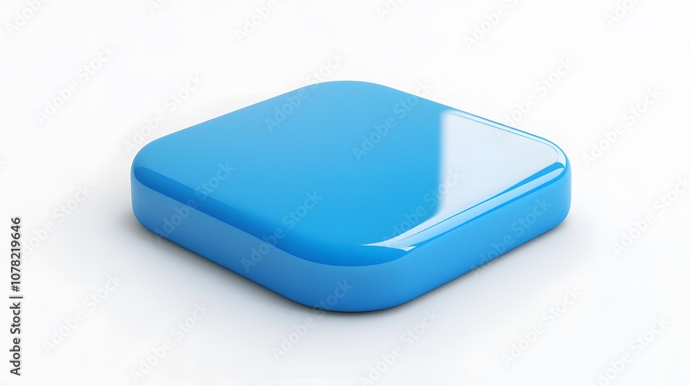 Poster blank mobile application icon, button - blue square with round corners. 3d rendering, white backgrou