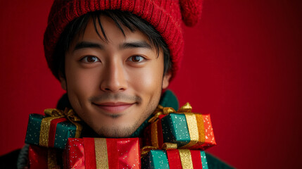 Festive Portrait of Asian Young Adult Male Wearing Elf Hat And Striped Scarf Holding Christmas Gift