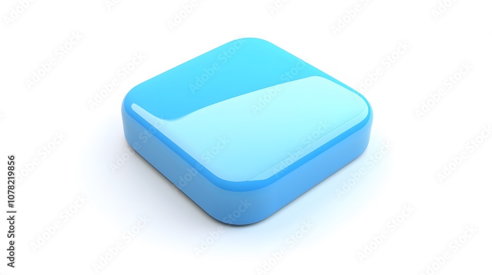 Poster blank mobile application icon, button - blue square with round corners. 3d rendering, white backgrou