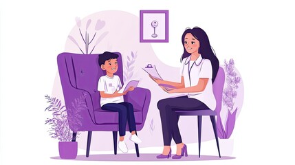 A young boy sitting on a purple armchair talking to a female doctor