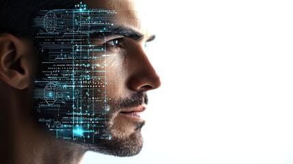 A futuristic portrait of a man with a digital circuit pattern overlay on his face, symbolizing the intersection of technology and humanity.
