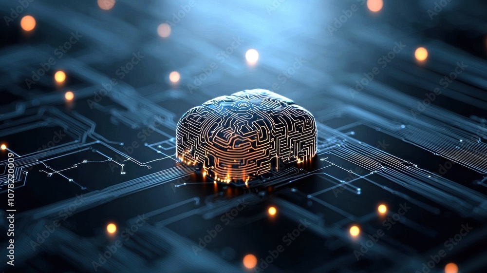 Poster a glowing microchip on a dark circuit board, illuminated by ethereal light, symbolizing advanced tec